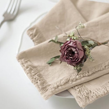 Handmade Cloth Napkins 100% Cotton Napkins with Fringe，Delicate Handmade Cloth Napkins for Dinners, Parties, Weddings and More，18 x 18 Inch Set of 4 - Beige - color: Beige