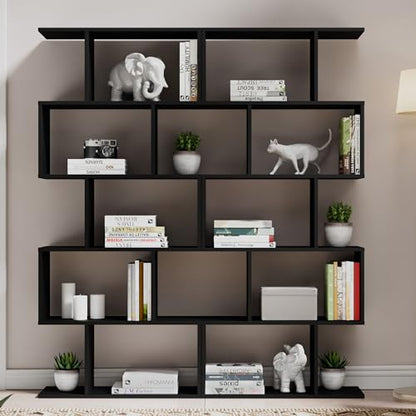 Set of 2 Geometric Bookcase, S-Shaped Modern Bookshelf, Room Divider Bookshelf, 62" Tall Unique Abstract Bookcase with 5-Tier Display Shelf for Living Room Office, Black - color: Black