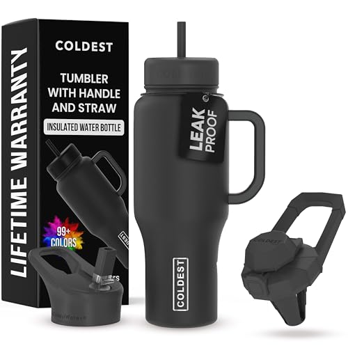 Coldest Tumbler with Handle and Straw - 100% Leak Proof Insulated Tumbler with Lid and Straw (3 Lids) - Stainless Steel Tumblers for Women & Men - Cup Holder Friendly Base, 36 oz (Stealth Black) - color: Stealth Black, size: 36 oz