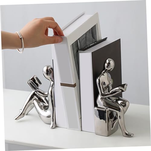 Modern Ceramic Silver-Plated Bookends Pair Decorative Reading Figurines for Home Office Aesthetic Desk Decor Unique Shelf Decorations for Living Room