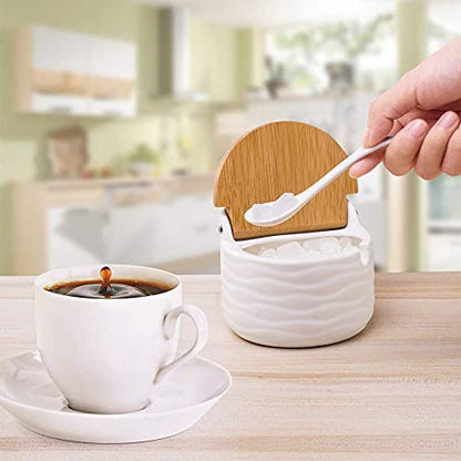 Ceramic Sugar Salt Bowl with Bamboo Lid and Spoon, LUCKY GODDNESS 9.1 fl oz Porcelain Container Jar for Pepper with Chalkboard Label, for Housewarming - color: C-001