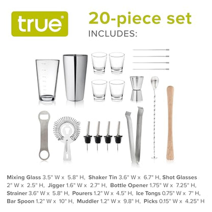 True 20-Piece Cocktail Shaker Bar Set with Wooden Stand Includes Boston Shaker, Mixing Glass, Muddler, Jigger, Strainer, Bartender Kit for Mixed Drinks, Cold Brew Cocktails, Home Bar Tools - size: 20-Piece