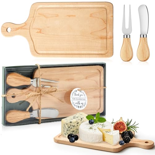 1 Set Bridal Baby Shower Cheese Prizes Wooden Square Board Gift Set Knives Forks Thank You Tags with Box for Guests for Valentines Bridal Baby Shower Housewarming (Maple Wood) - color: Maple Wood Color
