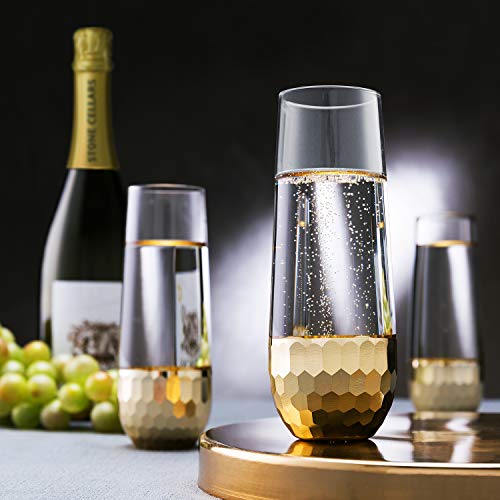MyGift Modern Stemless Champagne Flute Glass Set of 4 Party Drinkware, Cocktails Prosecco Mimosa Glasses with Hammered Brass Plated Bottoms - color: Brass