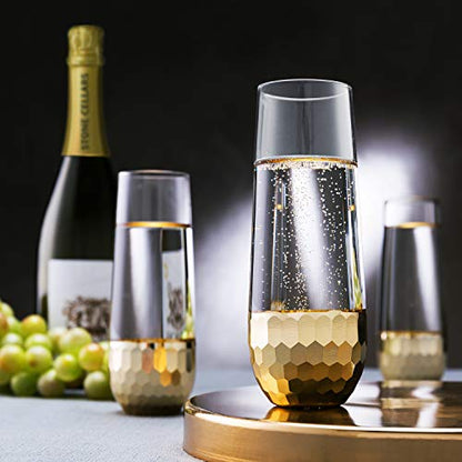 MyGift Modern Stemless Champagne Flute Glass Set of 4 Party Drinkware, Cocktails Prosecco Mimosa Glasses with Hammered Brass Plated Bottoms - color: Brass