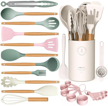 Silicone Cooking Utensils Set - AVGPD Silicone Kitchen Utensils for Cooking Wooden Handles, 446°F Heat Resistant Kitchen Utensil Spatula Sets, Gadgets for Non-Stick Cookware BPA FREE (Multicolour) - color: Multicolour