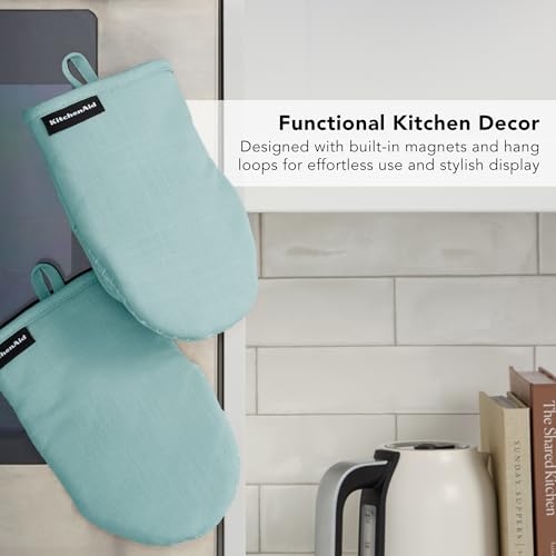 KITCHENAID Gourmet Series Gridlines Mini Oven Mitts 2-Pack Set, Heat Resistant up to 600°F, Soft Silicone Grip, Magnetic Cuff, Mineral Water Aqua, 5.5"x9" - color: Mineral Water Aqua