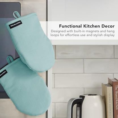 KITCHENAID Gourmet Series Gridlines Mini Oven Mitts 2-Pack Set, Heat Resistant up to 600°F, Soft Silicone Grip, Magnetic Cuff, Mineral Water Aqua, 5.5"x9" - color: Mineral Water Aqua