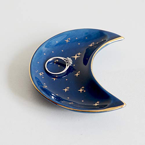 Small Moon Jewelry Dish Tray, Decorative Ceramic Trinket Dish, Modern Accent Tray for Vanity, Blue - color: Blue