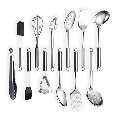 Berglander Cooking Utensil Set 12 Piece Stainless Steel Kitchen Tool Set, Include Cooking Spoon, Spatula, Whisk, Cooking Tong and etc (12 Pieces) - color: C. 12 Pieces