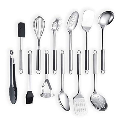 Berglander Cooking Utensil Set 12 Piece Stainless Steel Kitchen Tool Set, Include Cooking Spoon, Spatula, Whisk, Cooking Tong and etc (12 Pieces) - color: C. 12 Pieces