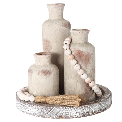 5 Pcs Rustic Country Tabletop Centerpieces Decor Set of 3 Boho Ceramic Vases with Wooden Serving Tray Wood Bead Garland Tassels Table Holder for Home Decorations (Vintage White) - color: Vintage White