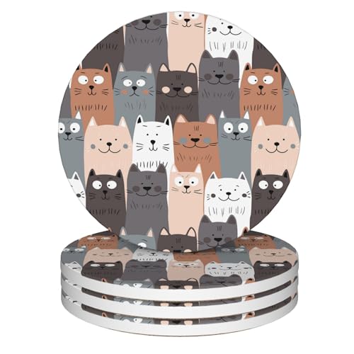 Coasters for Drinks,Cute Cat Gray Cats Absorbent Coaster Set of 4 with Cork Base,Ceramic Drink Coasters for Cold Drinks Wine Glasses Cups Mugs,Housewarming Gifts for Home Decor - color: Cute Cat Gray Cats