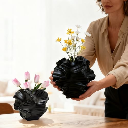 Ceramic Vase, 2 Black Vases for Home Decoration, Flower Vase | Minimalist Nordic Boho Style for Modern Farmhouse Decor, Living Room; Kitchen; Coffee Table; Dining Table; Office;Bedroom - color: 2 Black Ceramic Vases