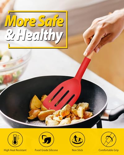 Pack of 2 Silicone Cooking Spatula, Heat Resistant Solid Turner, Non Stick Slotted Spatulas with Wooden Handle,Ideal Wood Kitchen Utensils Set for Frying, Baking, Flipping, Turning (RED) - color: Red