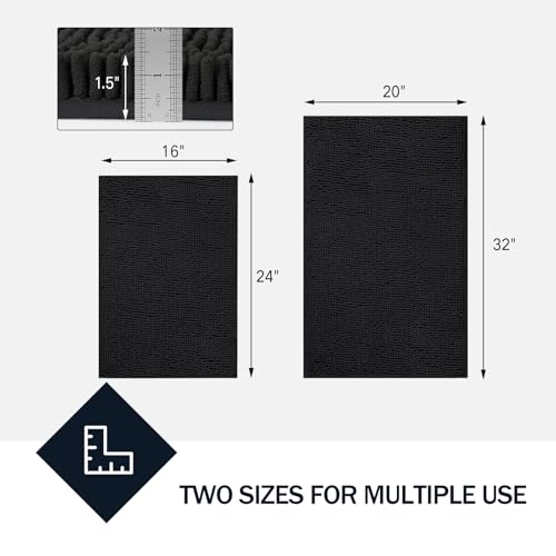 LINLA Bathroom Rugs Sets 2 Piece, Absorbent Soft Chenille Bath Mat,Black | Non-Slip ,Quick Dry, Washable, Carpet Mats for Floor, Tub and Shower,32" x 20"/24" x 17" - color: Black