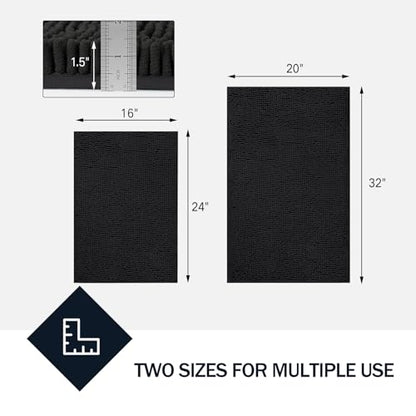 LINLA Bathroom Rugs Sets 2 Piece, Absorbent Soft Chenille Bath Mat,Black | Non-Slip ,Quick Dry, Washable, Carpet Mats for Floor, Tub and Shower,32" x 20"/24" x 17" - color: Black