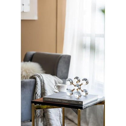 Gold Iron and Crystal Glass Sphere Sculpture - Modern Geometric Decorative Accent for Home, Office, or Living Room (Luxury Tabletop Art Piece) - 7" x 7" x 7"