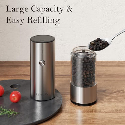 Ultrean Salt and Pepper Grinder Set, Rechargeable Salt and Pepper Shakers, 6 Adjustable Coarseness, LED Light, Kitchen Gadget Cooking Gifts Valentines Day Gifts for Him Her Mom Dad, Stainless Steel - color: Classic Silver