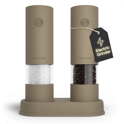 LARS NYSØM Electric Salt and Pepper Grinder Set I Automatic Salt and Pepper Mills with Adjustable Ceramic Grinder I AAA-Battery Operated Electric Spice Mill Set (Taupe Brown) - color: Taupe Brown