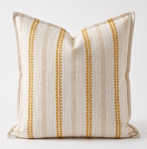 SanVia Cotton Throw Pillow Covers 20x20 – Handwoven Jacquard Texture, Fade-Resistant, No Pilling – Hidden Zipper, Decorative Cushion Cover for Sofa, Couch, Bed – Insert Not Included (Striped, White) - color: Ivory Gold, size: 20" x 20" (Pack of 1)