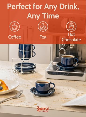 Sweese 2.5 Ounce Porcelain Stackable Espresso Cups with Saucers and Metal Stand Set of 4, Navy - color: Navy, size: 2.5 Ounces