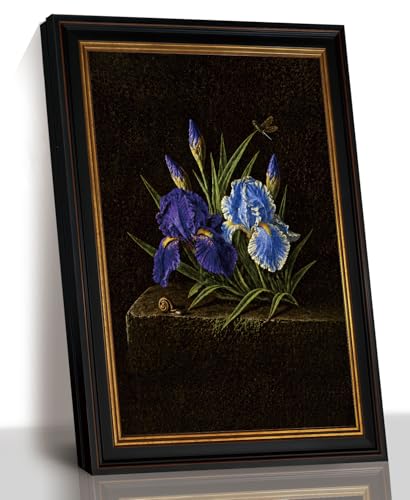 Purple Iris Wall Art, Blue Floral Canvas, Black Gold Trim Frame, 12 x 16 In | Black frame with gold-tone trim showcases purple and blue irises in bathrooms, bedrooms, entryways, or offices. - color: Purple Blue Iris Flower, size: 16"L x 12"W