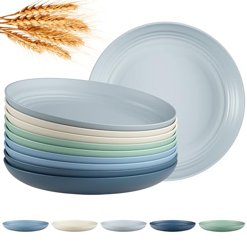 Quatish 10 PCS Reusable Plastic Plates,8 inch Dinner Plate,Plate set，Blue | Unbreakable,Dishwasher & Microwave Safe, Easy-to-Clean,Lightweight,Portable,for Camping Salad, Kitchen & Picnics,Wheat Straw - color: Blue