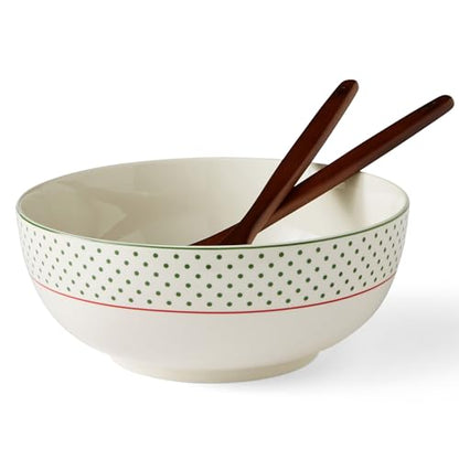 Spode Christmas Tree Polka Dot Serving Bowl & Wooden Servers - Set of 3 | Hand Painted Earthenware 10" Salad Bowl & Acacia Wood Servers for Pasta, Salads, Side Dishes & Holiday Entertaining