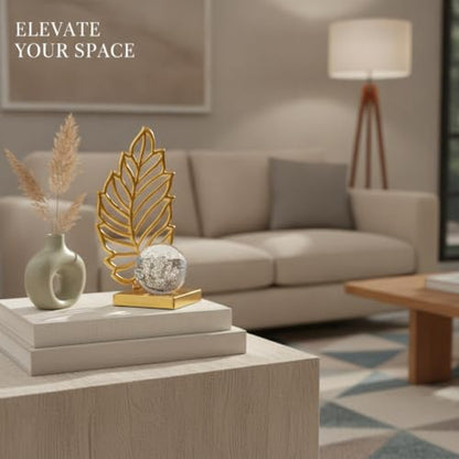 for Shelf, Desk, or Console Table Display: Modern Geometric Metal Leaf and Crystal Ball Sculpture Accent (1 PC) - size: 3.27 x 3.27 x 6.3 in