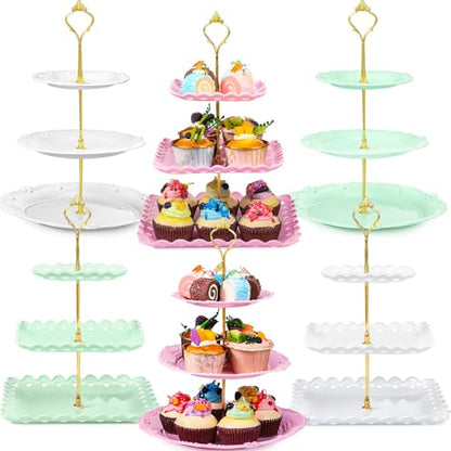 6 Pcs 3 Tier Cupcake Stand Tea Party Trays 3 Tier Serving Tray Plastic Dessert Stand Cake Fruit Candy Display Tower for Wedding Birthday Tea Party (Round,Square,White,Pink,Green) - color: White,pink,green, size: Round,Square
