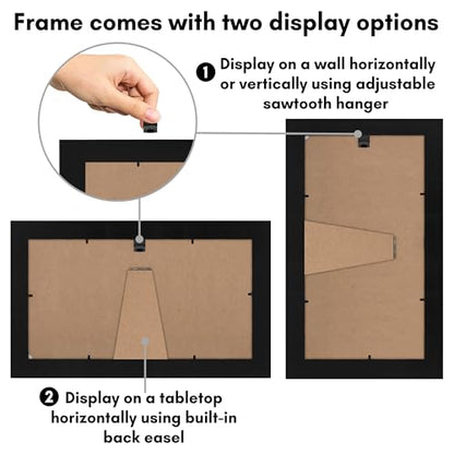 Americanflat 4x8 Picture Frame - Engineered Wood - Black | Shatter-resistant glass, wall or tabletop display with included easel, sawtooth hangers included - color: Black, size: 4x8