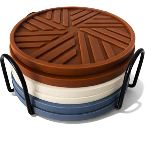 Silicone Coasters Set of 6 with Modern Patterns - Brown Beige, Grey - color: Boho Vintage