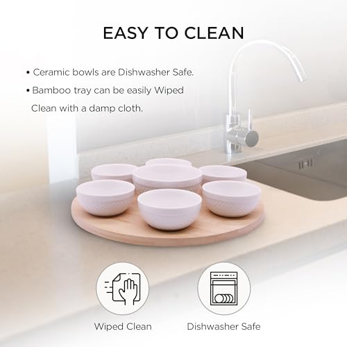 Rotating Bamboo Serving Tray with 6 Small Ceramic Condiment Bowls and 1 Larger Center Bowl - Lazy Susan Style Elegant Serving Set for Dips, Snacks, Appetizers, and More
