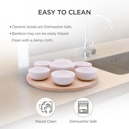 Rotating Bamboo Serving Tray with 6 Small Ceramic Condiment Bowls and 1 Larger Center Bowl - Lazy Susan Style Elegant Serving Set for Dips, Snacks, Appetizers, and More