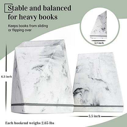 Marble Style Bookends - Decorative, Heavy Duty Book Holder for Shelves, Non Skid, Unique Design (White)