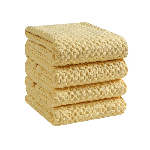 Native Fab 4-Pack Premium Waffle Kitchen Towels with Hanging Loop 16x26 inches, Soft Absorbent, Cotton Dish Towels for Cleaning Drying Dishes, Yellow - color: Yellow Premium, size: Set of 4