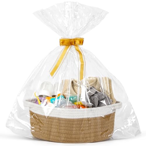 LANDNEOO Small Woven Basket with Gift Bags and Ribbons, Empty Decorative Gift Chest Box, Cute Baby Gift Basket for Nursery, Cotton Rope Room Shelf Storage Basket with Handles, 12"x 8"x 5", Yellow - color: Yellow