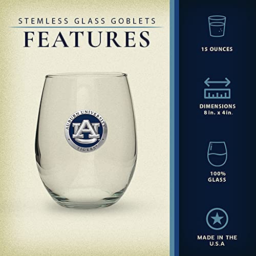 Heritage Pewter Auburn Tigers Stemless Glass Goblets – Set of 2 | 15 OZ Goblet Wine Glasses | Expertly Crafted Pewter Glass - style: AUBURN, BLUE