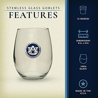 Heritage Pewter Auburn Tigers Stemless Glass Goblets – Set of 2 | 15 OZ Goblet Wine Glasses | Expertly Crafted Pewter Glass - style: AUBURN, BLUE