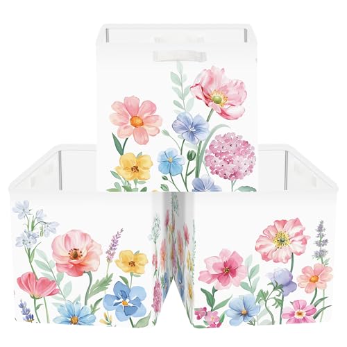 Clastyle 11.8" Flower Storage Basket Set of 3 for Kid Women Toy Clothes Bin | Collapsible Fabric Book Bin, Metal Frame Bottom Board, Cube Organizer, Closet Nursery Pantry Shelf Bedroom, Watercolour - color: Watercolour