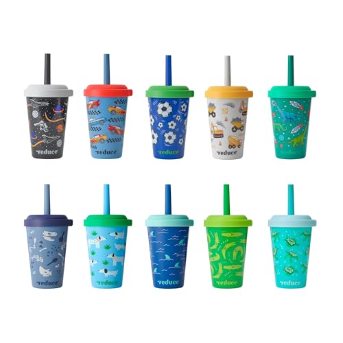 REDUCE GoGo's Kids 10-Pack 12oz Tubler Cups with Lids & Spill-Proof Straws | Portable, stackable tumblers, twist-on lids, easy storage, dishwasher safe, Play Date - color: Club House, size: 10 Pack
