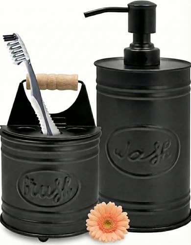 Autumn Alley Rustic Bathroom Accessories Set - Farmhouse Soap Dispenser and Toothbrush Holder Set - Western Bathroom Accessories, Farmhouse Decor for Bathroom Countertop, Galvanized Black - color: Black