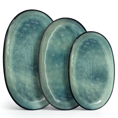 vancasso Ceramic Serving Platters Set of 3, Oval 16/14.7/13.5 Inch Stoneware Serving Dishes for Entertaining, Microwave Safe Serving Trays for Food, Turkey, Cheese, Party, Reactive Glaze Green - color: Green