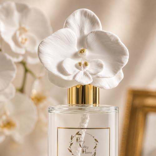 Reed Diffuser Set, White Orchid Ceramic Flower Frangrance Diffuser 6.76 fl. oz / 200ML, Home Reed Diffuser for Bathroom Office Bathroom Living Room Decor