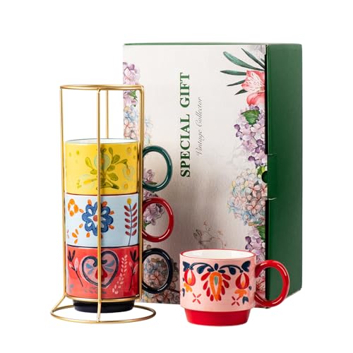 Floral Stackable Ceramic Coffee Mugs - Set of 4 with Stand, 12.5 oz Multi-Color Porcelain Cups for Latte, Cappuccino, Tea, Hot Cocoa - Dishwasher & Microwave Safe (Pastoral) - color: Pastoral