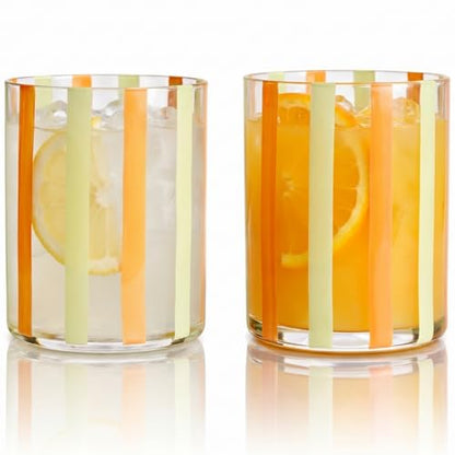 Capri Italian Design Cylindrical Tumblers, 2 Set Olive & Orange Summer Glasses Modern Cups for Water Juice Cocktail Iced Beverage Kitchen Bar Table Drinkware Entertaining Home Decor Housewarming Gifts