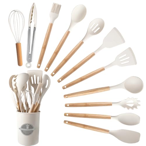 Silicone Cooking Utensils Set, 12Pcs Large Heat Resistant Kitchen Utensils, Turner Tongs, Spatula, Spoon, Wooden Handle Kitchen Gadgets with Holder for Nonstick Cookware, Dishwasher Safe (White) - color: White