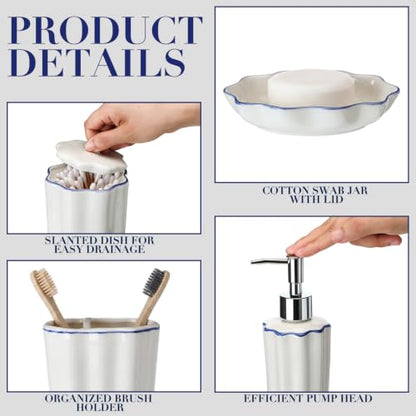 Zhehao Scalloped Bathroom Ceramic Accessories Set 4 Pcs Bathroom Accessory Sets with Toothbrush Holder Soap Dispenser Soap Dish Cotton Swab Jar Bathrooms Countertop Organizer(Blue) - color: Blue