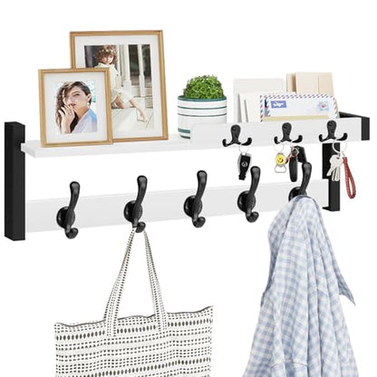 Coat Rack Wall Mount, 29" Floating Shelf with Key and Mail Holder | Wooden Entryway Hanging Shelf with Hooks and Storage for Hat Towel Jacket Purse Backpack Dog Leash, White